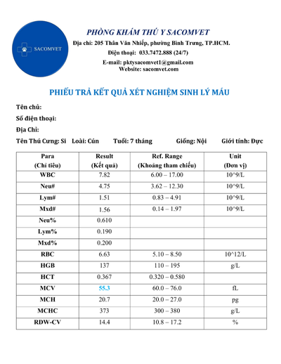 kết quả xét nghiếm sinh lý máu thú cưng